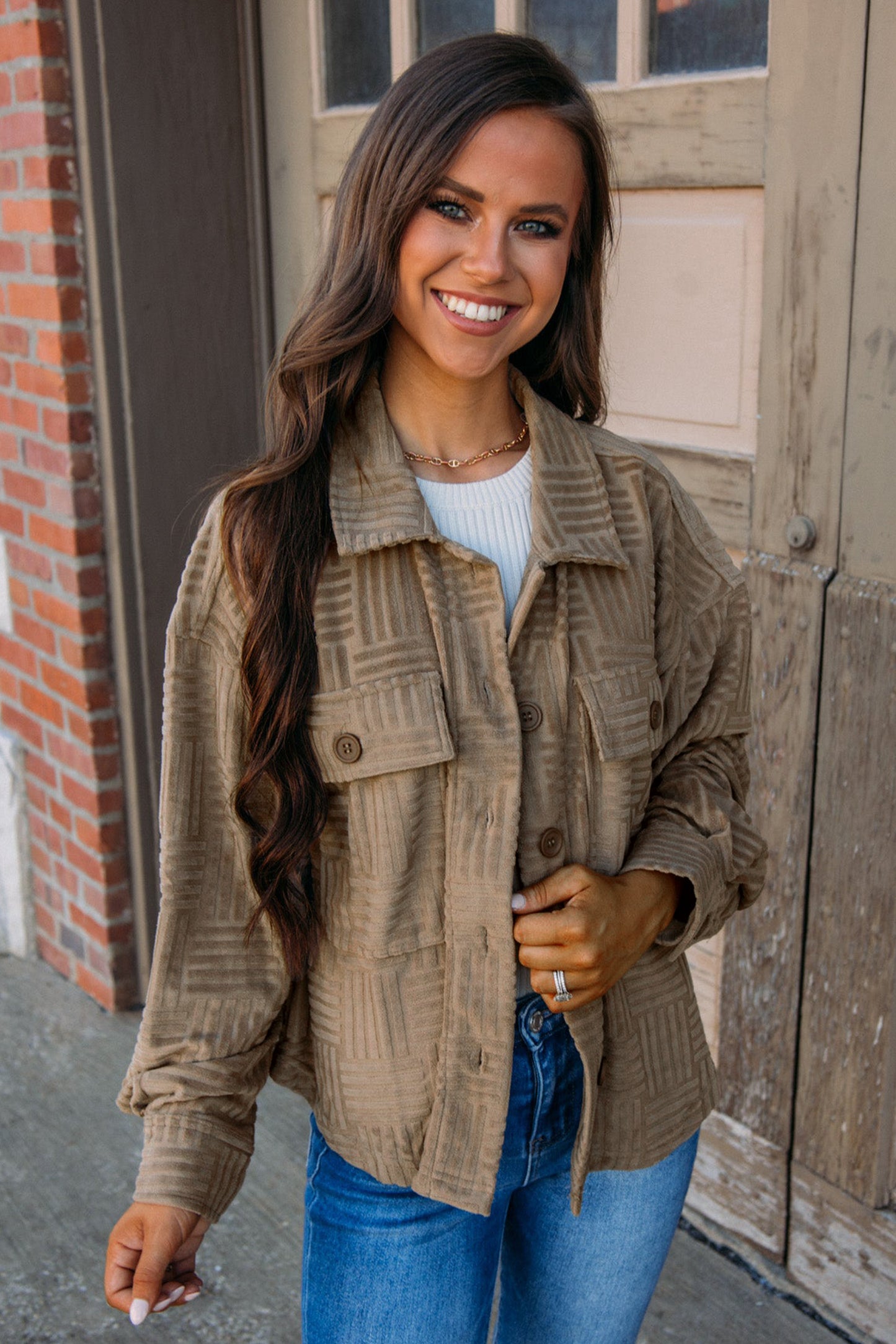 Chic dark khaki textured shacket with chest pockets