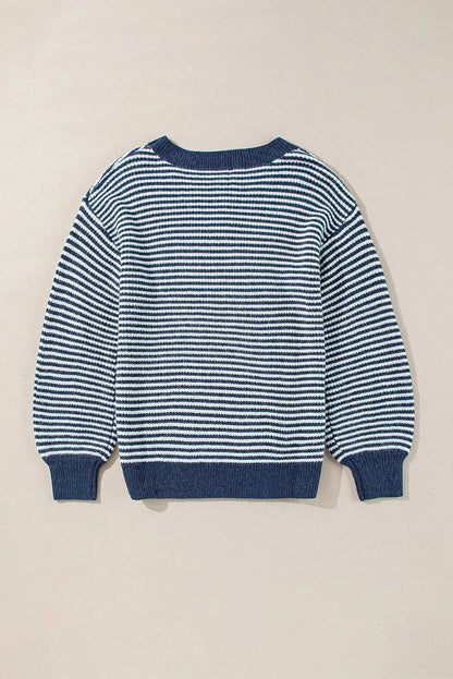 Cozy striped dropped shoulder sweater with round neck