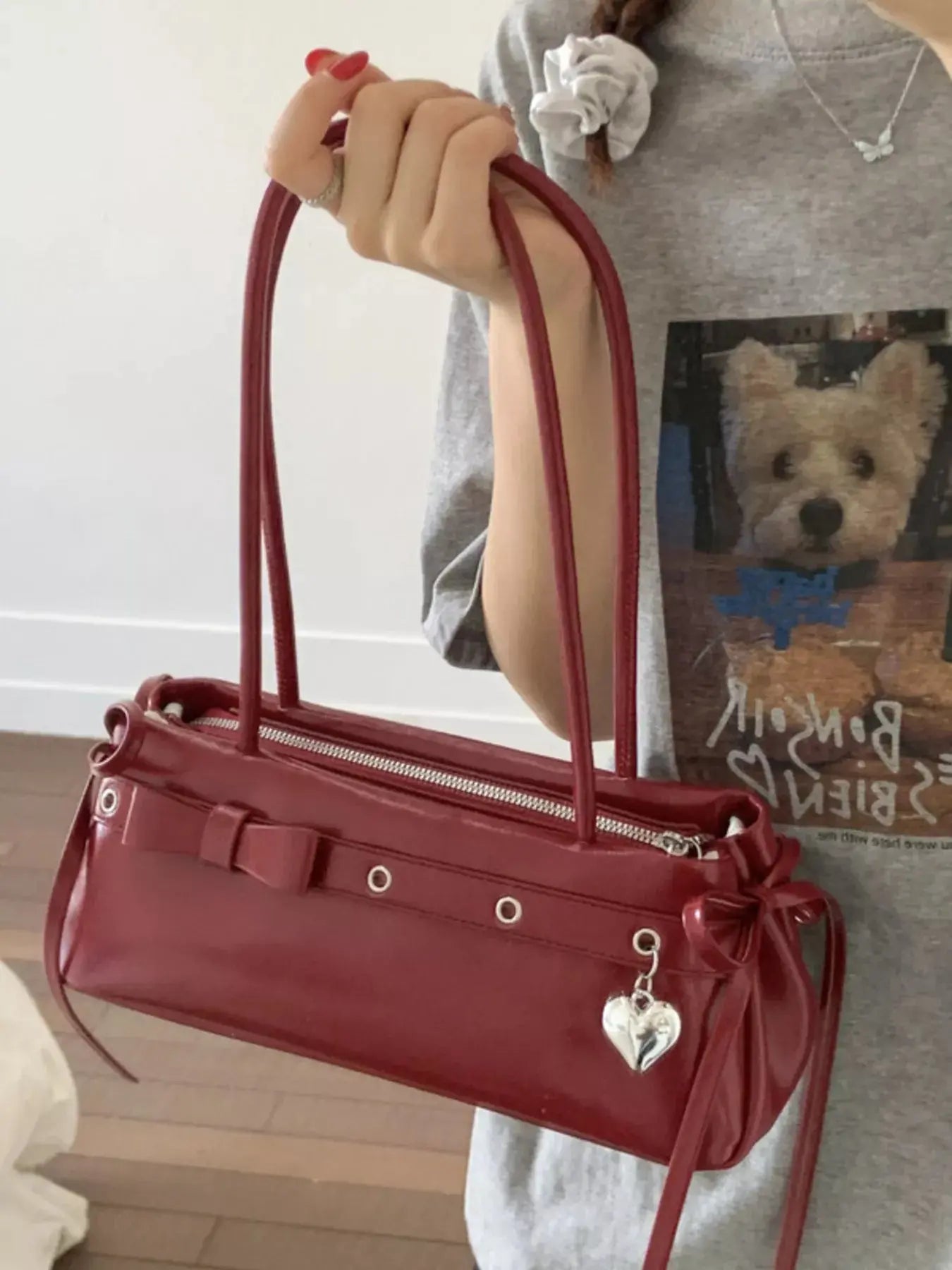 PU Leather Small Shoulder Bag With Heart Charm Elegant Tote Simply Love