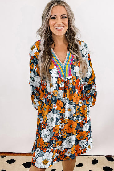 Orange Floral Print Lace V Neck Long Sleeve Mini Dress