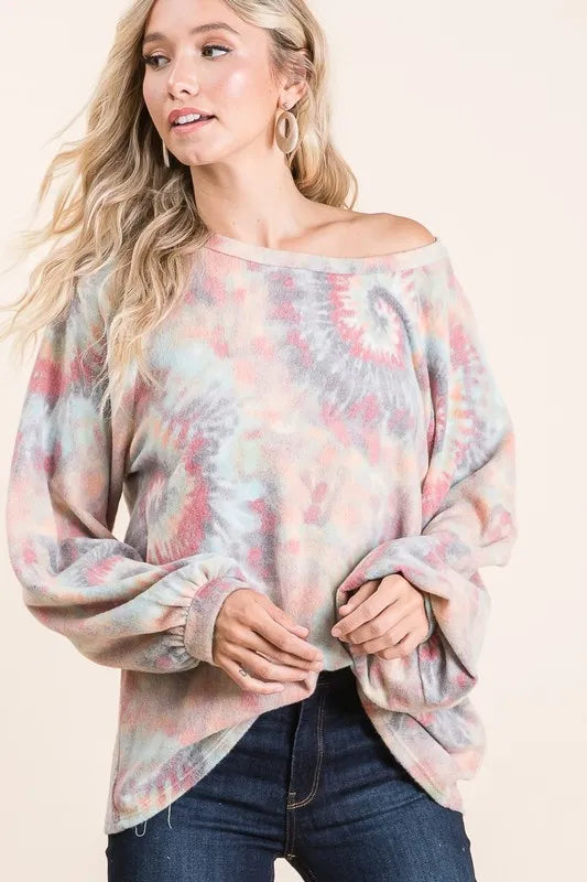 BiBi Brushed Tie Dye Print Top with Puff Sleeves - Love Salve 