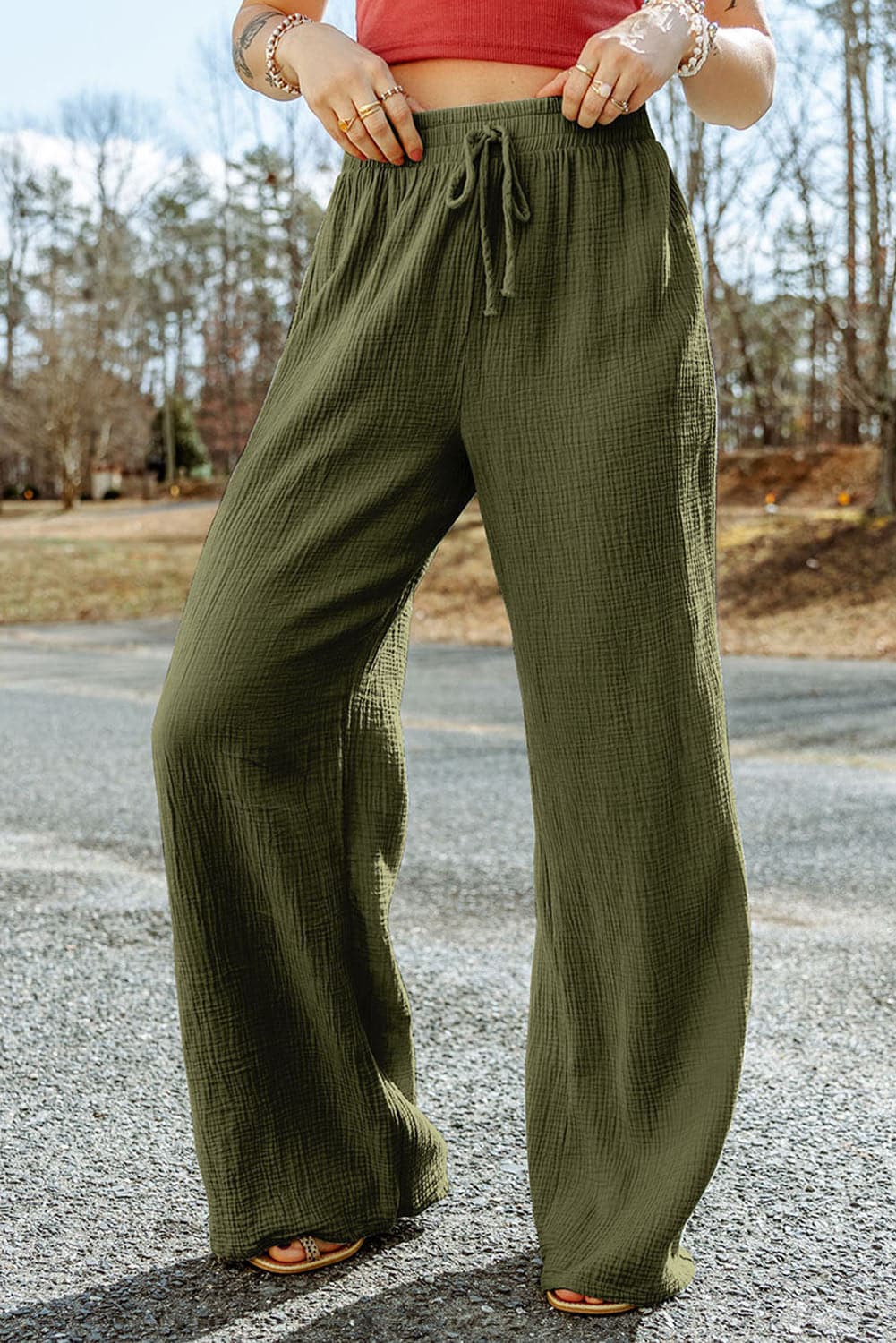 Texture Tied Wide Leg Pants.