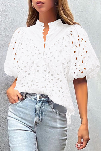 Charming white embroidered puff sleeve blouse with hollow-out design