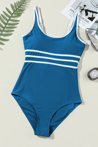 Dark Blue Contrast Trim Colorblock U Neck One Piece Swimwear