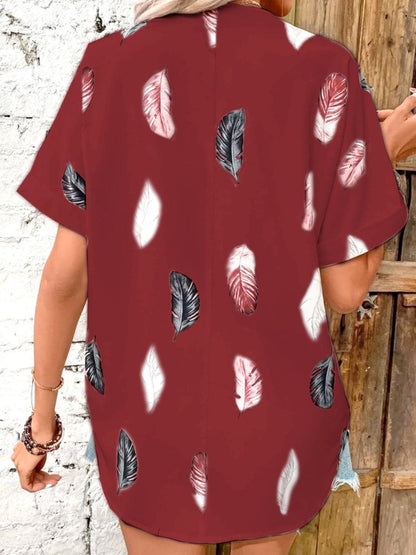 Full Size Printed Collared Neck Short Sleeve Blouse.