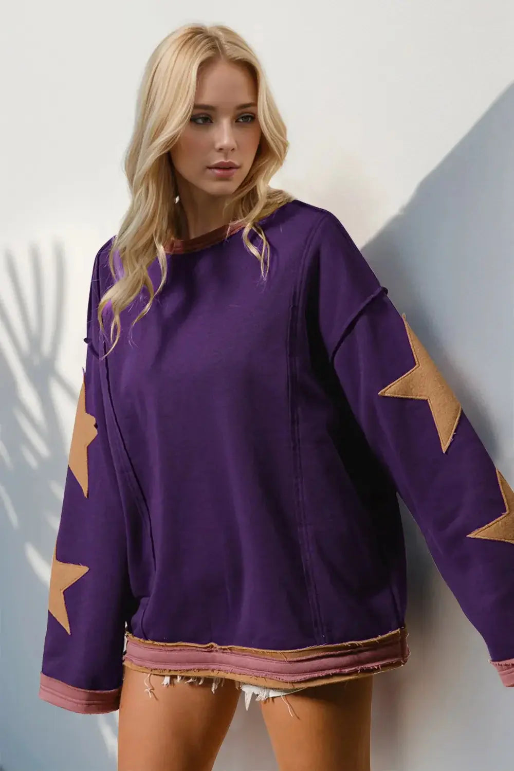 Double Take Star Patched Long Sleeve Sweatshirt - Love Salve