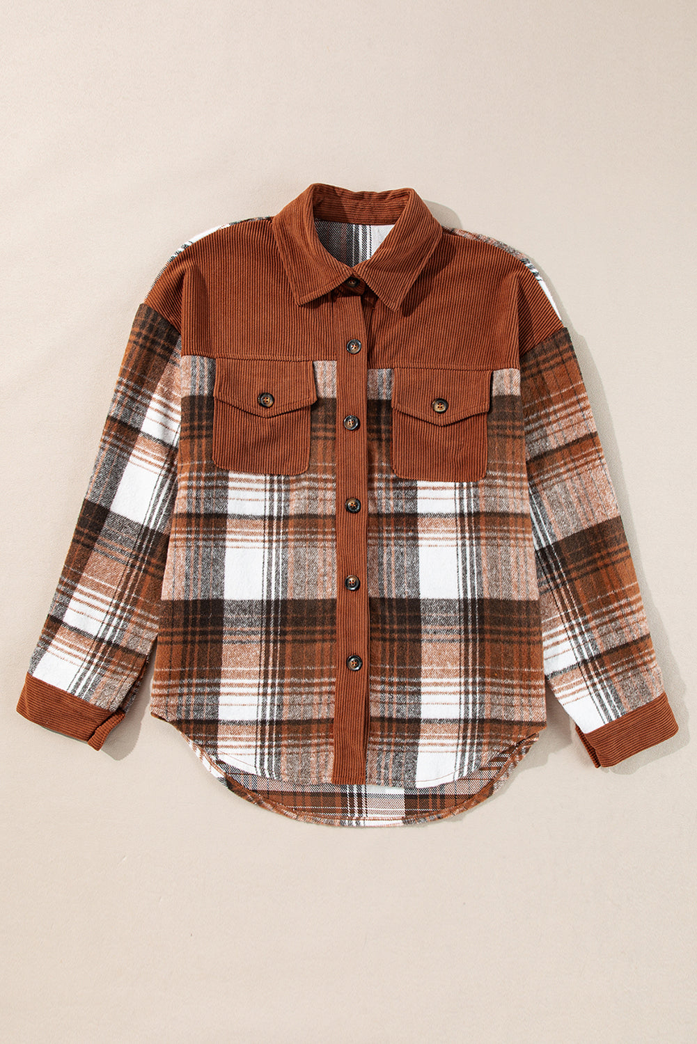 Cinnamon corduroy plaid shacket with chest pockets