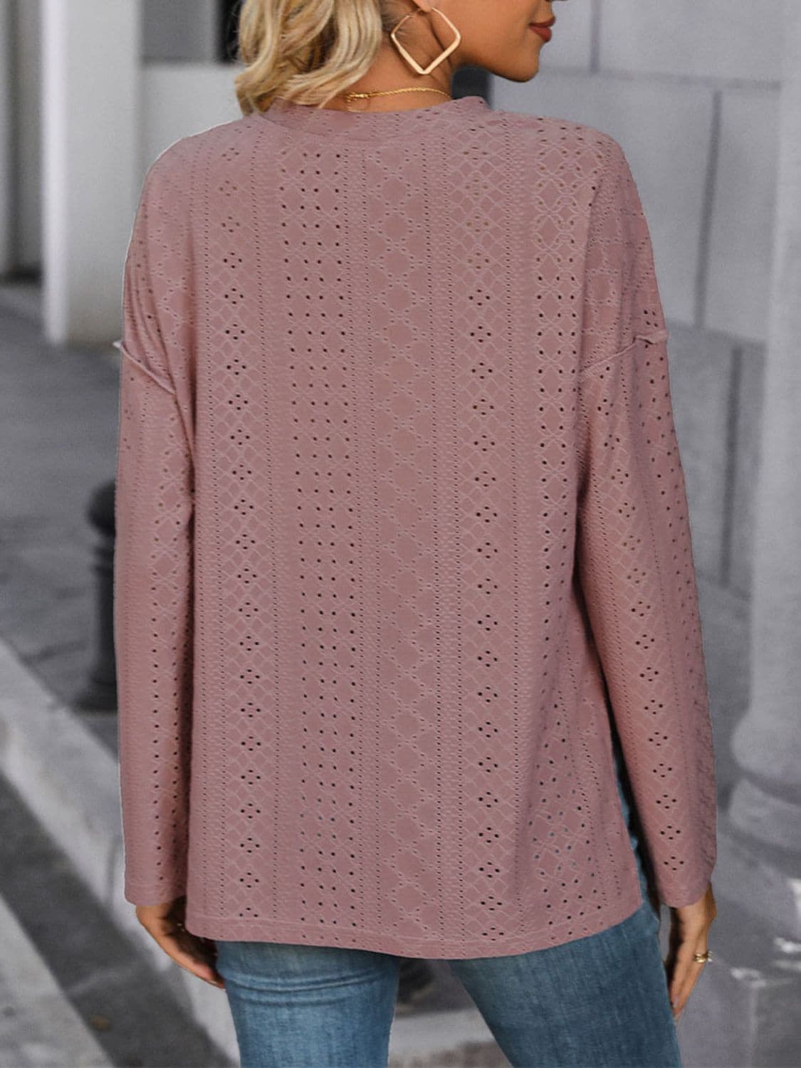 Eyelet Round Neck Long Sleeve Top.