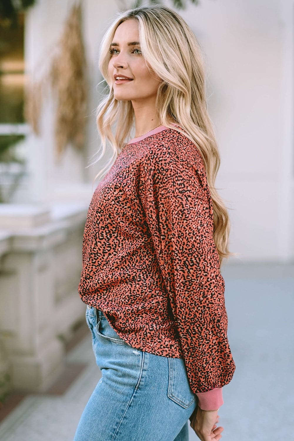 Leopard Round Neck Long Sleeve Sweatshirt.