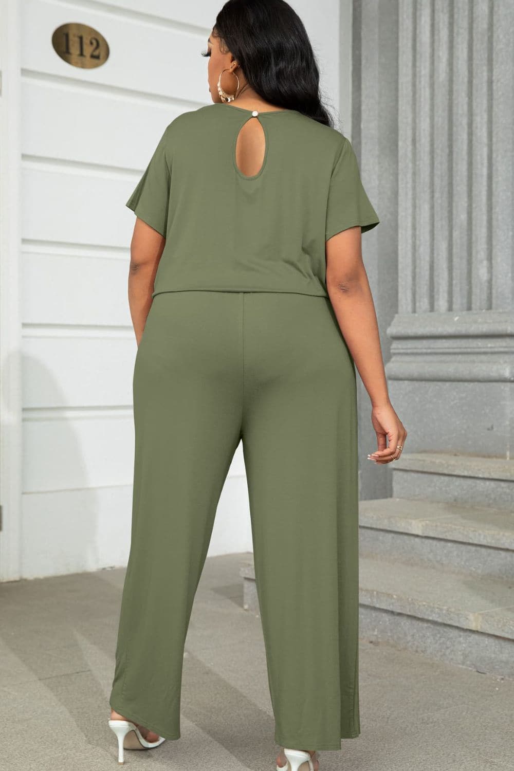 Plus Size Drawstring Waist Short Sleeve Jumpsuit.