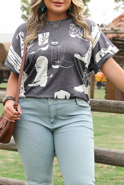 Gray Western Print Plus Size Crew Neck T-Shirt with Short Sleeves