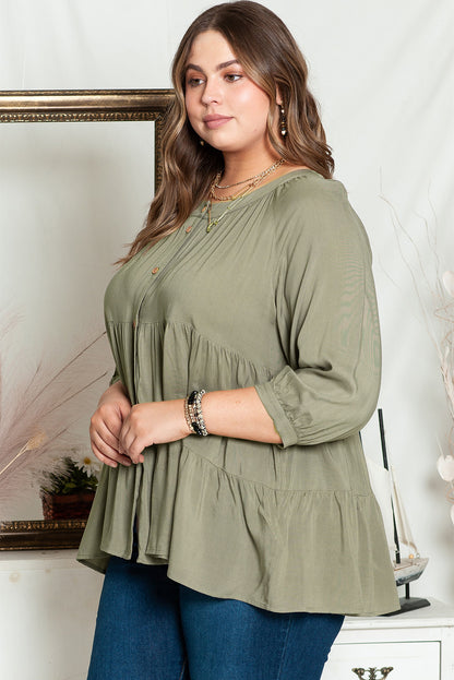 Elegant Green Plus Size Ruffle Tiered Top with Split Neckline