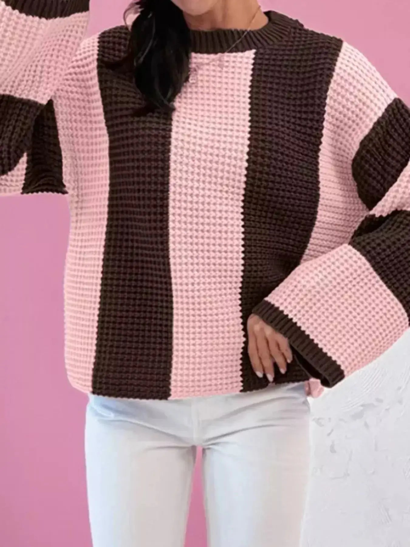 Striped Color Block Waffle Knit Sweater For Women Oversized Simply Love