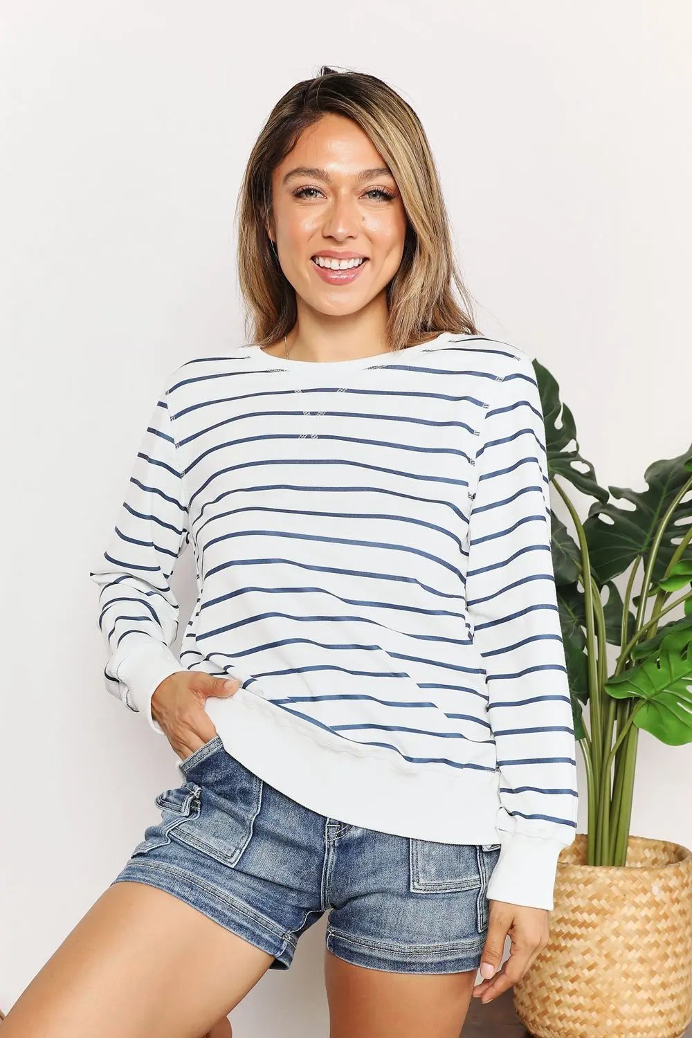Double Take Striped Long Sleeve Round Neck Top - Love Salve
