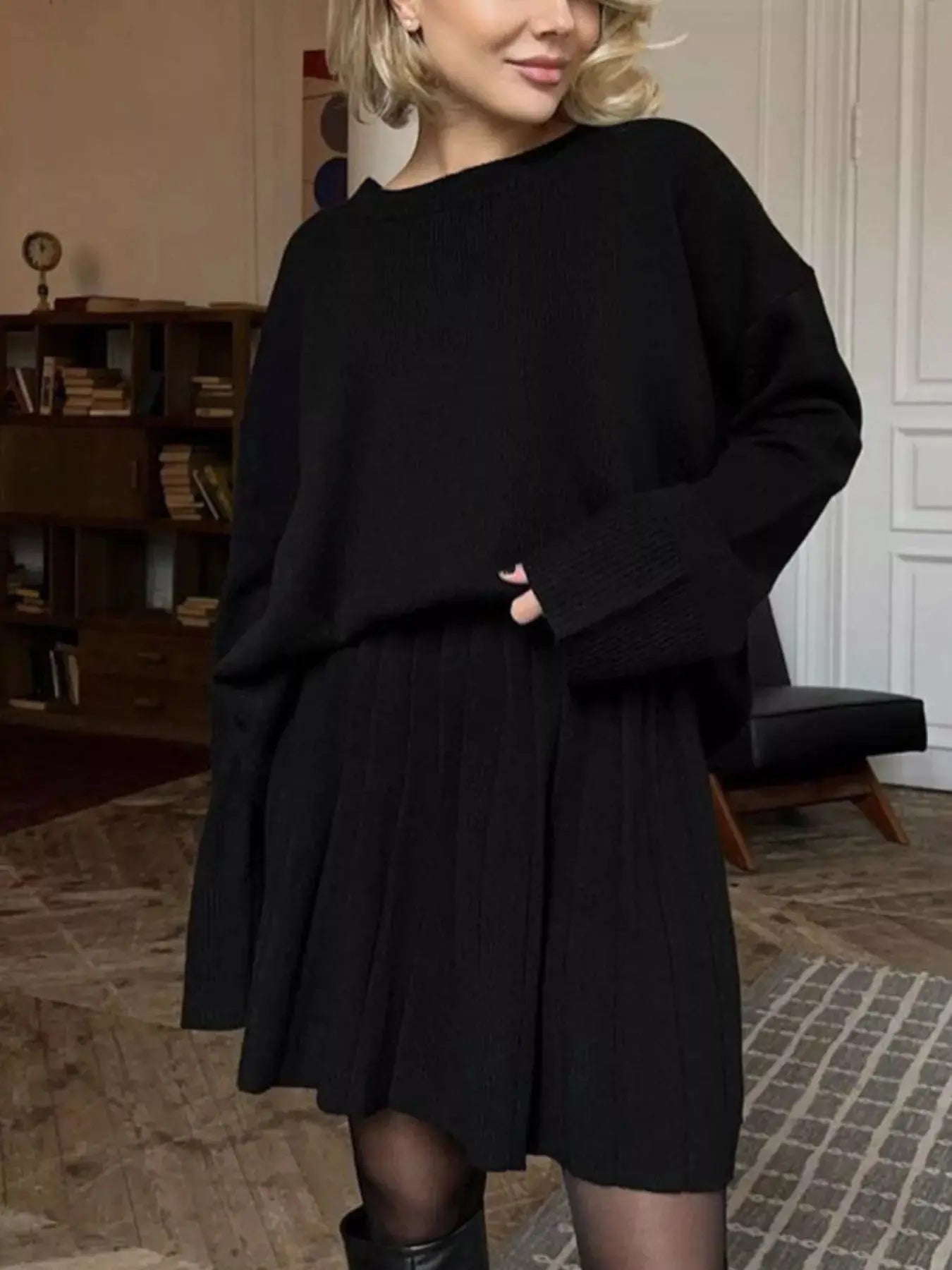 Round Neck Top and Pleated Skirt Sweater Set Simply Love