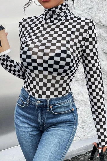 Checkered Turtleneck Long Sleeve BodysuitFeatures: Basic style
Sheer: Opaque
Stretch: Slightly stretchy
Material composition: 95% polyester, 5% elastane
Care instructions: Machine wash cold. Tumble dry low.Love Salve Checkered Turtleneck Long Sleeve BodysuitBodysuits