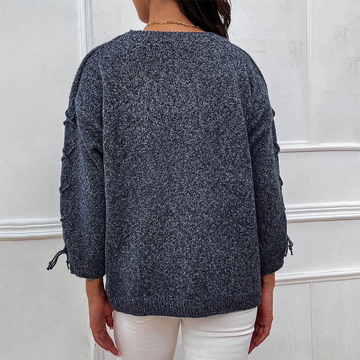 Lace-Up Long Sleeve Round Neck Sweater.