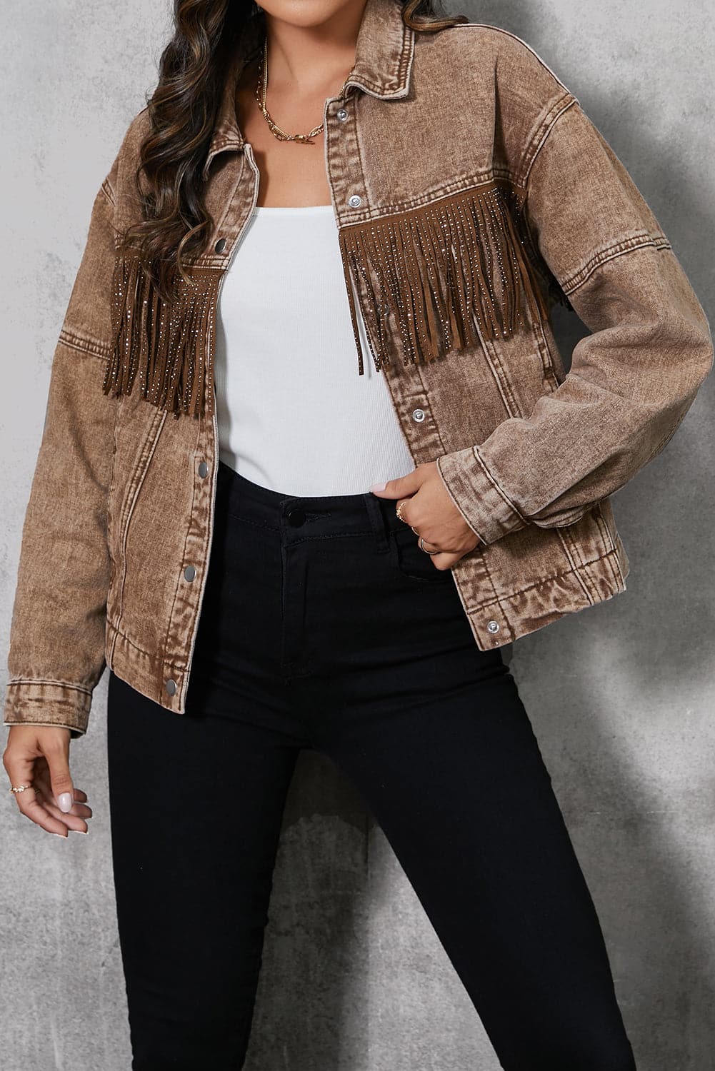 Fringe Trim Snap Down Denim Jacket.