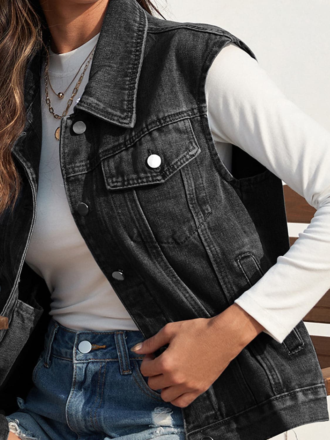 Collared Neck Sleeveless Denim Jacket.