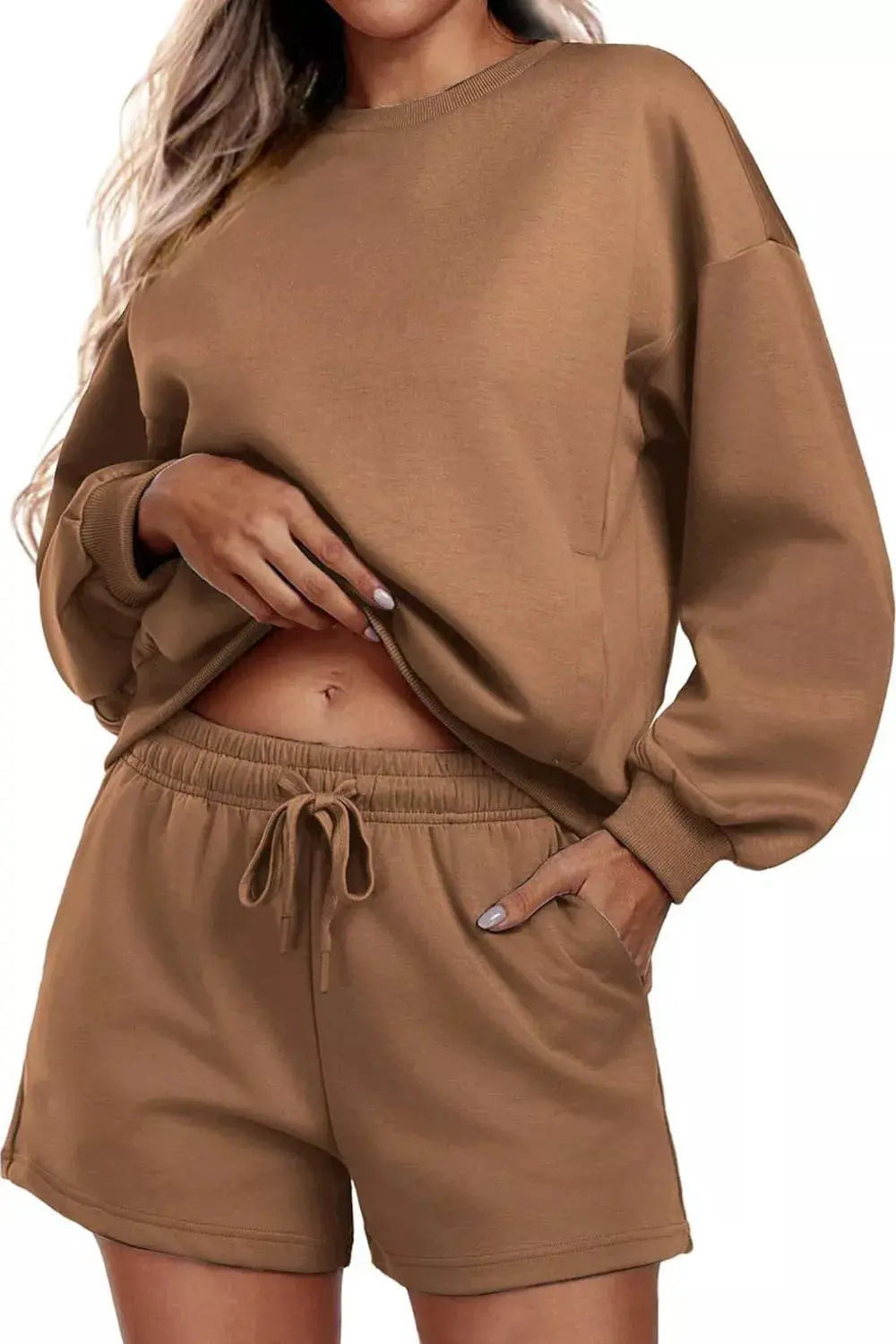 Beige Round Neck Sweatshirt And Drawstring Shorts Set For Women Simply Love