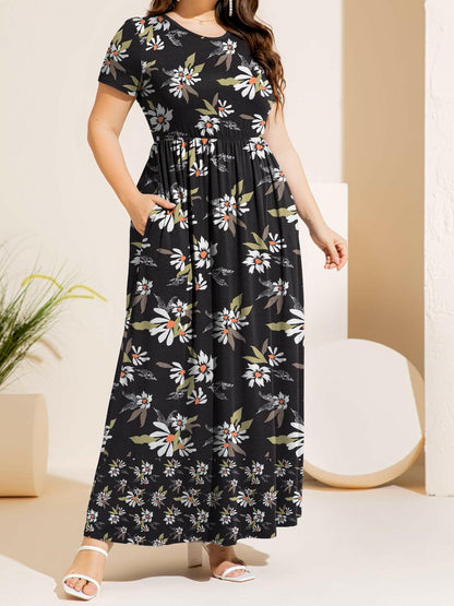 Plus Size Printed Round Neck Short Sleeve Maxi DressUpgrade Your Style with our Plus Size Printed Maxi Dress
 
 
Pattern Type: Eye-catching prints for a trendy look
 
Style: Effortlessly casual, perfect for various ocLove Salve Size Printed Round Neck Short Sleeve Maxi Dressplus