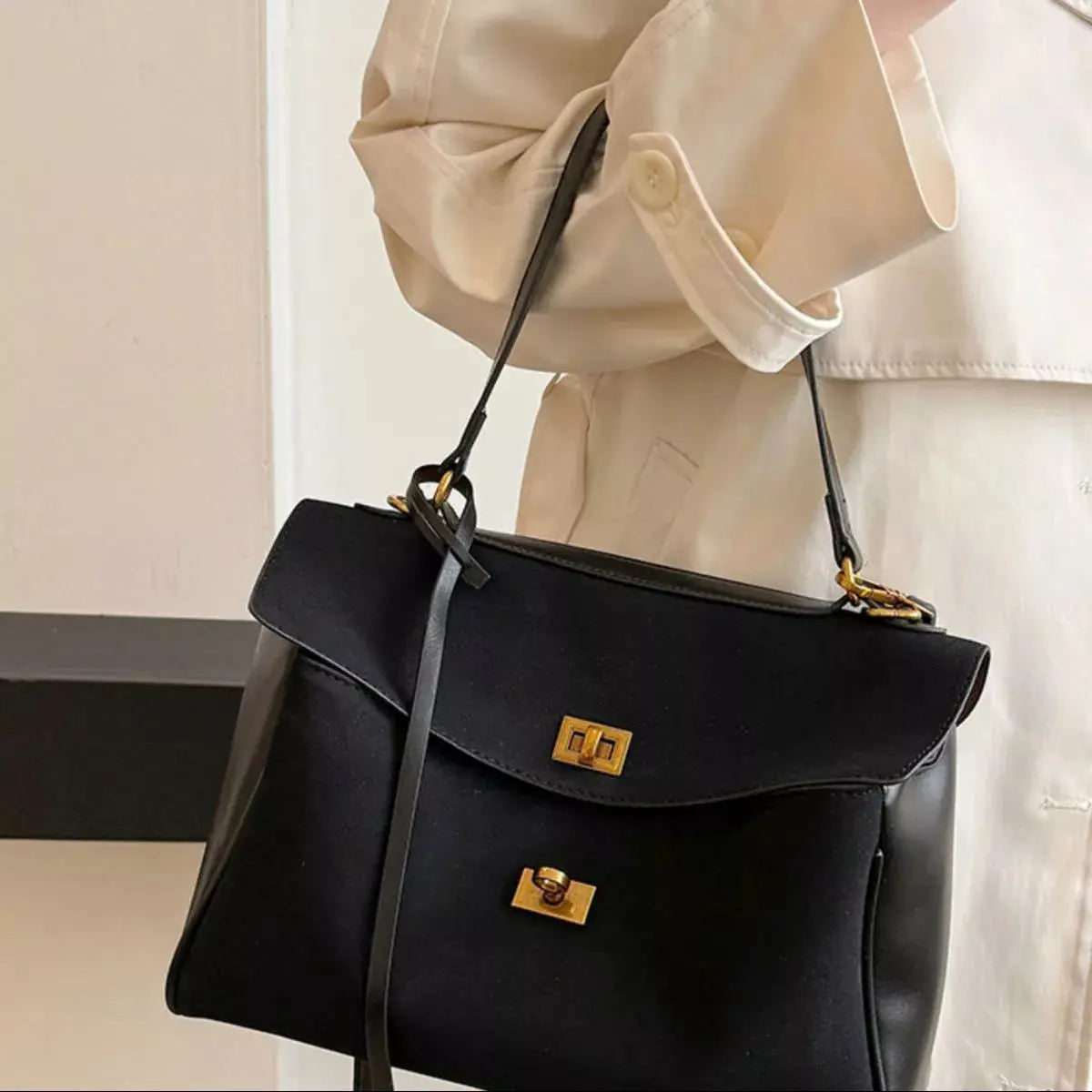 Black PU Leather Flap Crossbody Bag Medium Size With Gold Hardware Simply Love