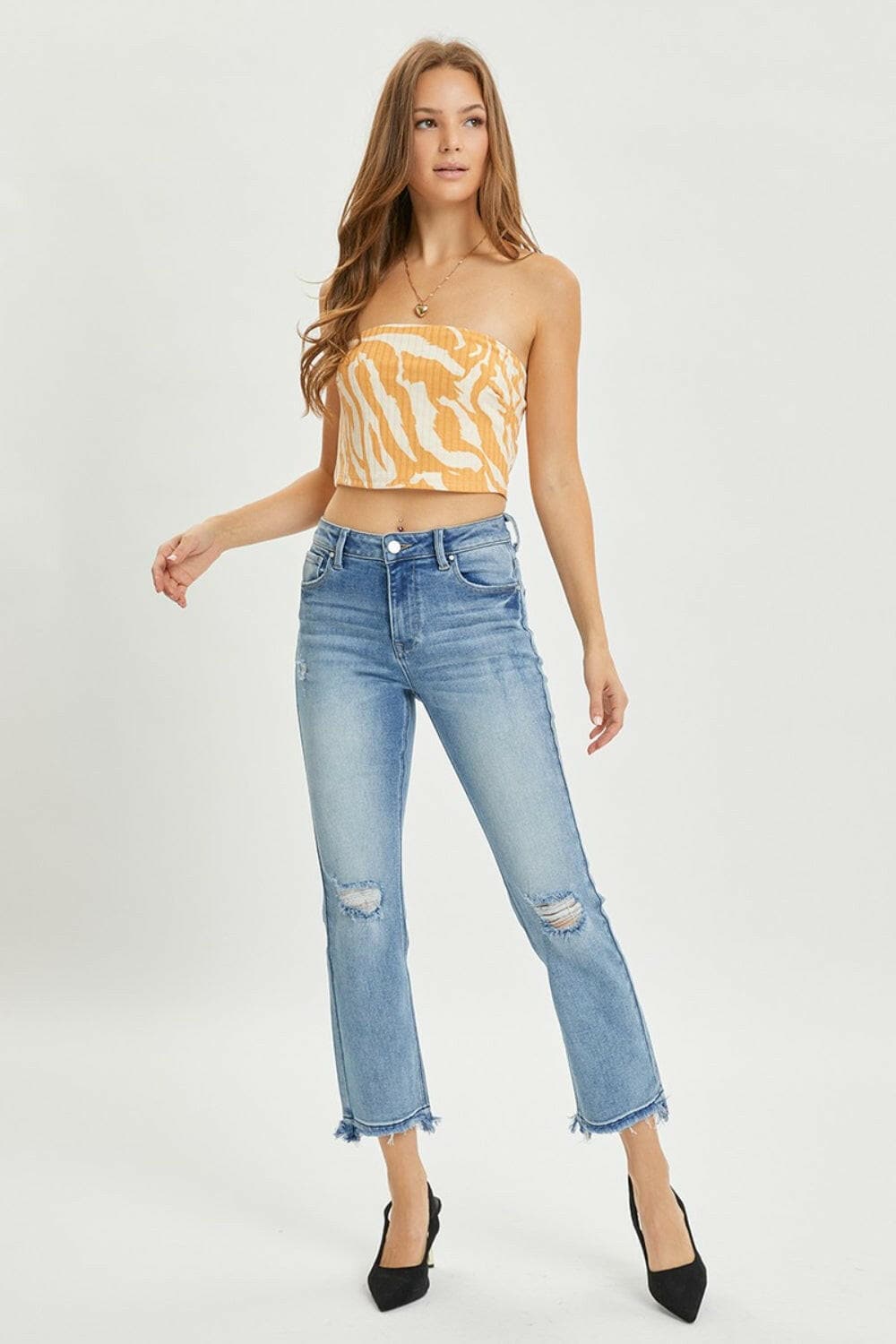 RISEN Full Size High Rise Distressed Cropped Straight Jeans.