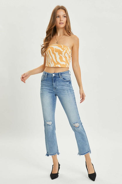 RISEN Full Size High Rise Distressed Cropped Straight Jeans.