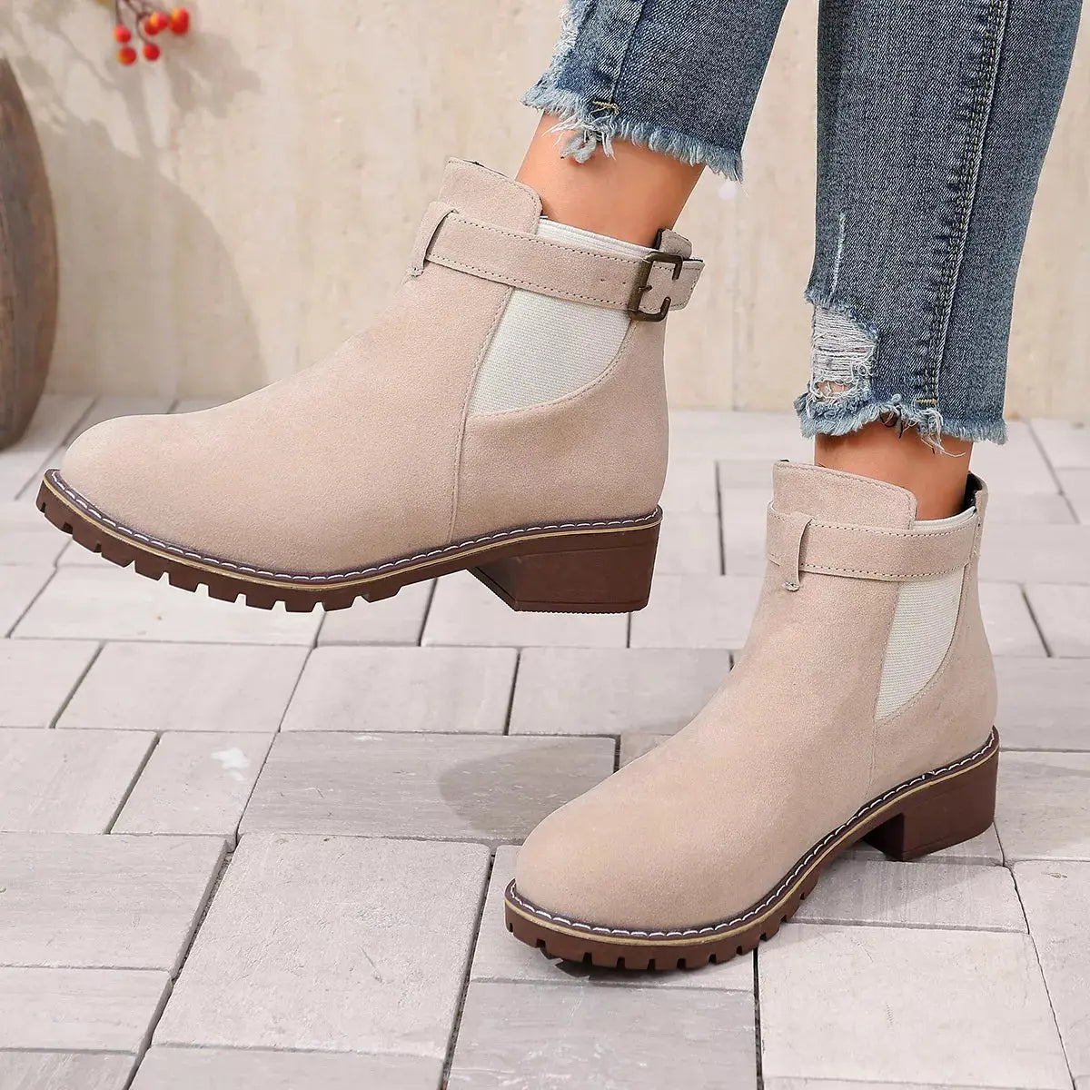 Women Round Toe Block Heel Ankle Boots Buckle Strap PU Leather Black Simply Love
