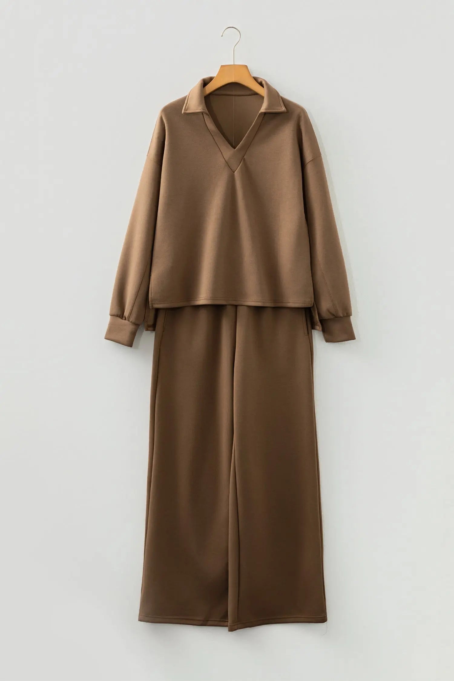 Coffee Solid Color V Neck Top And High Waist Pants Set Dear-Lover Dropshipping