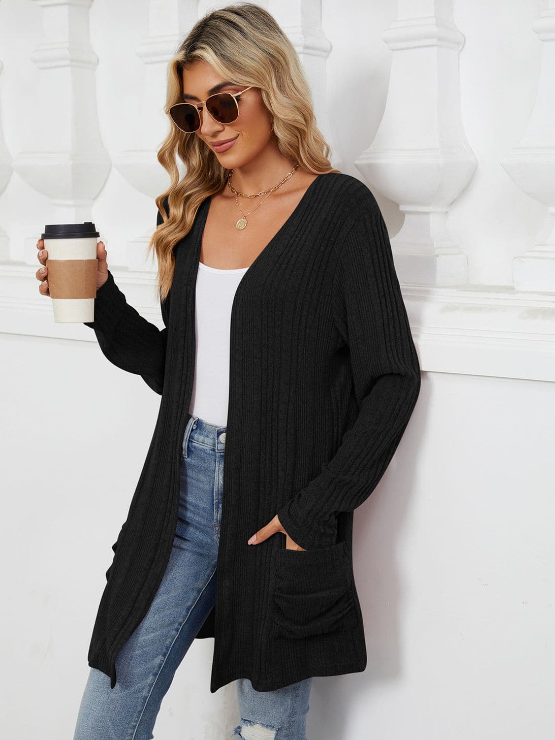 Pocketed Open Front Long Sleeve Cardigan.