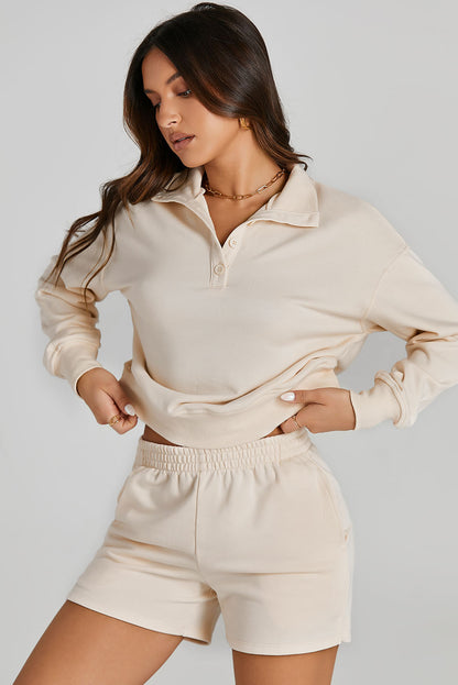 Chic apricot high neck henley top and shorts set