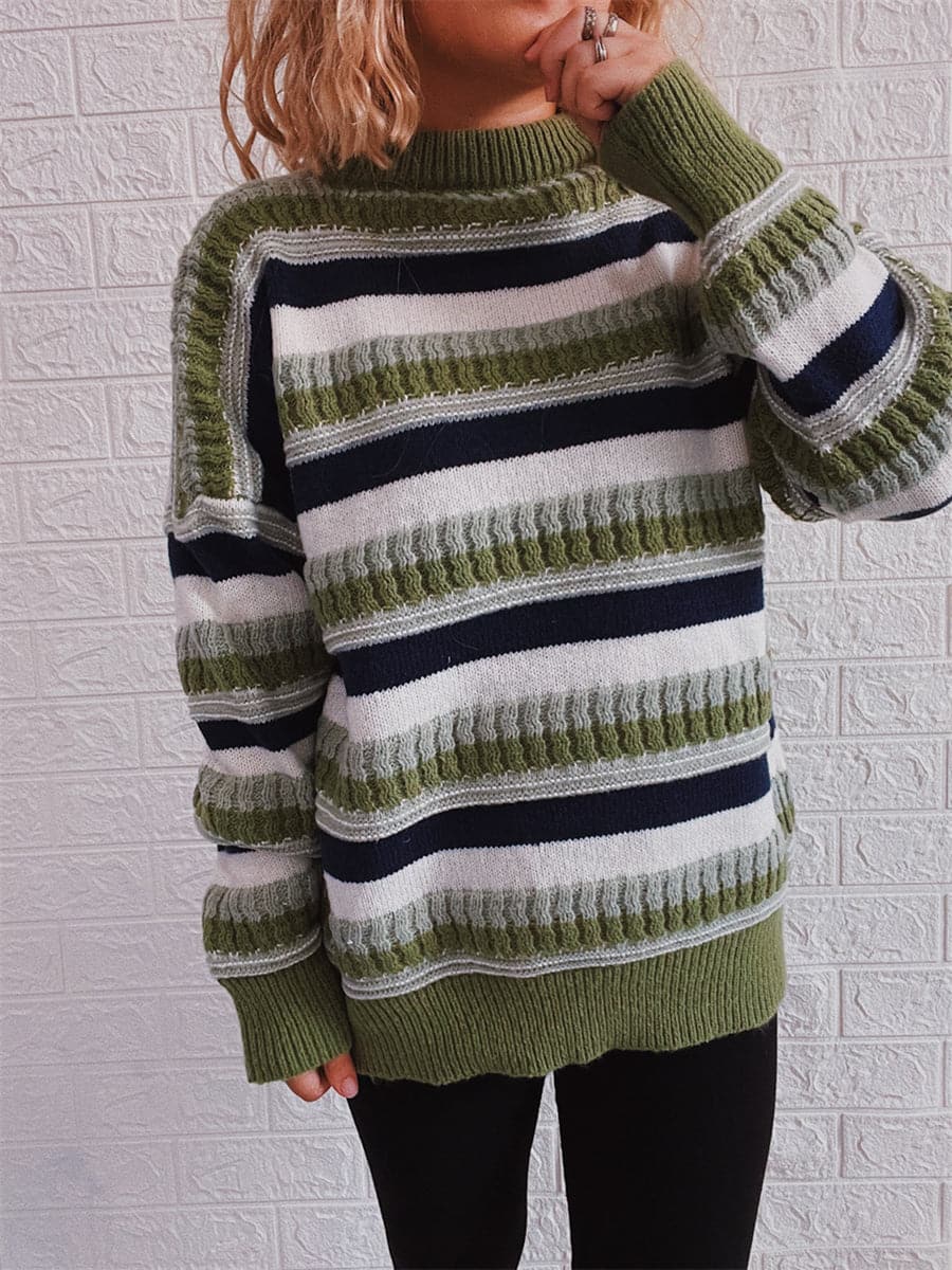 Striped Drop Shoulder Round Neck Sweater.