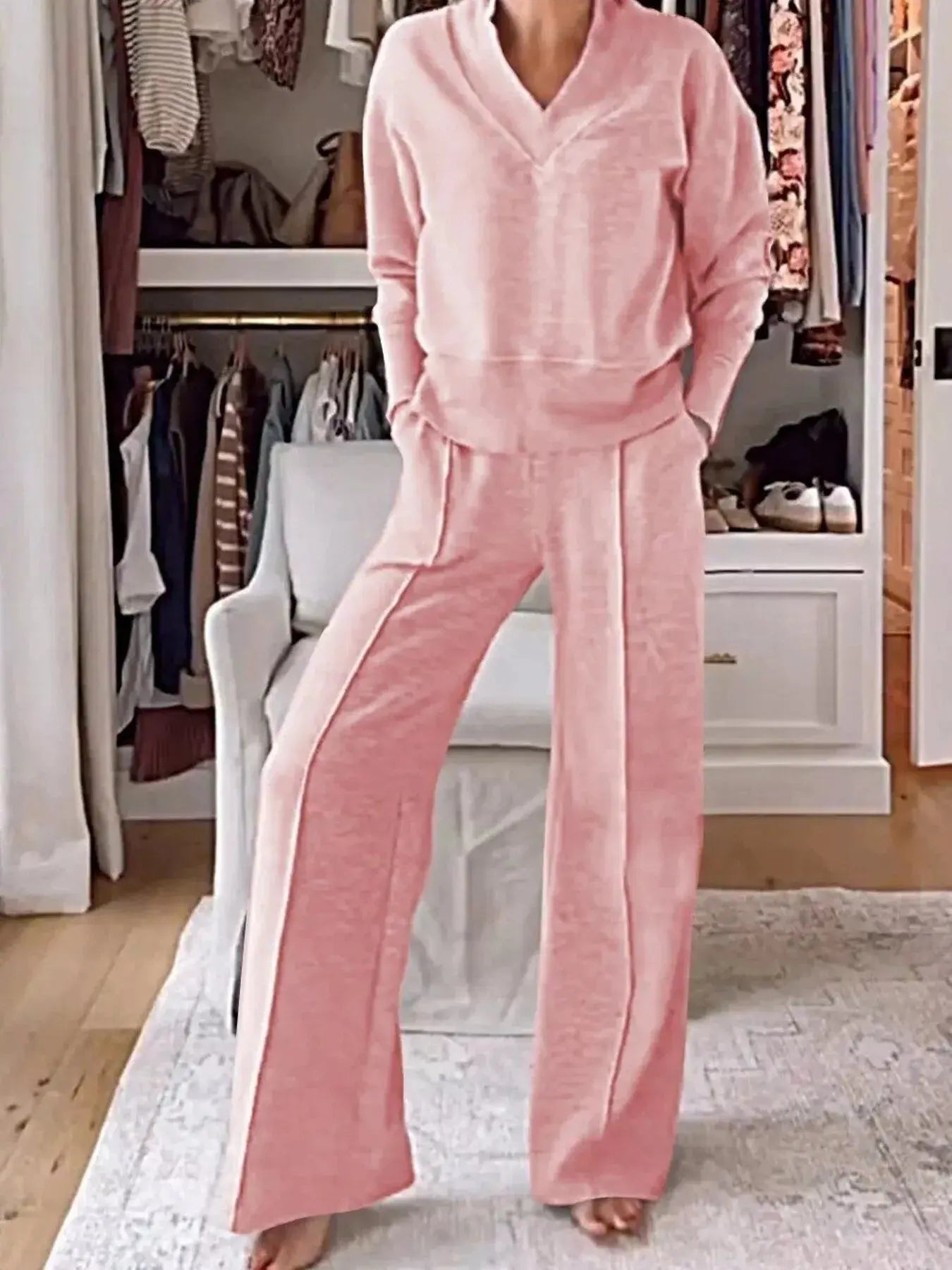 Full Size Cozy V-Neck Top and Pants Set Plus Size Simply Love