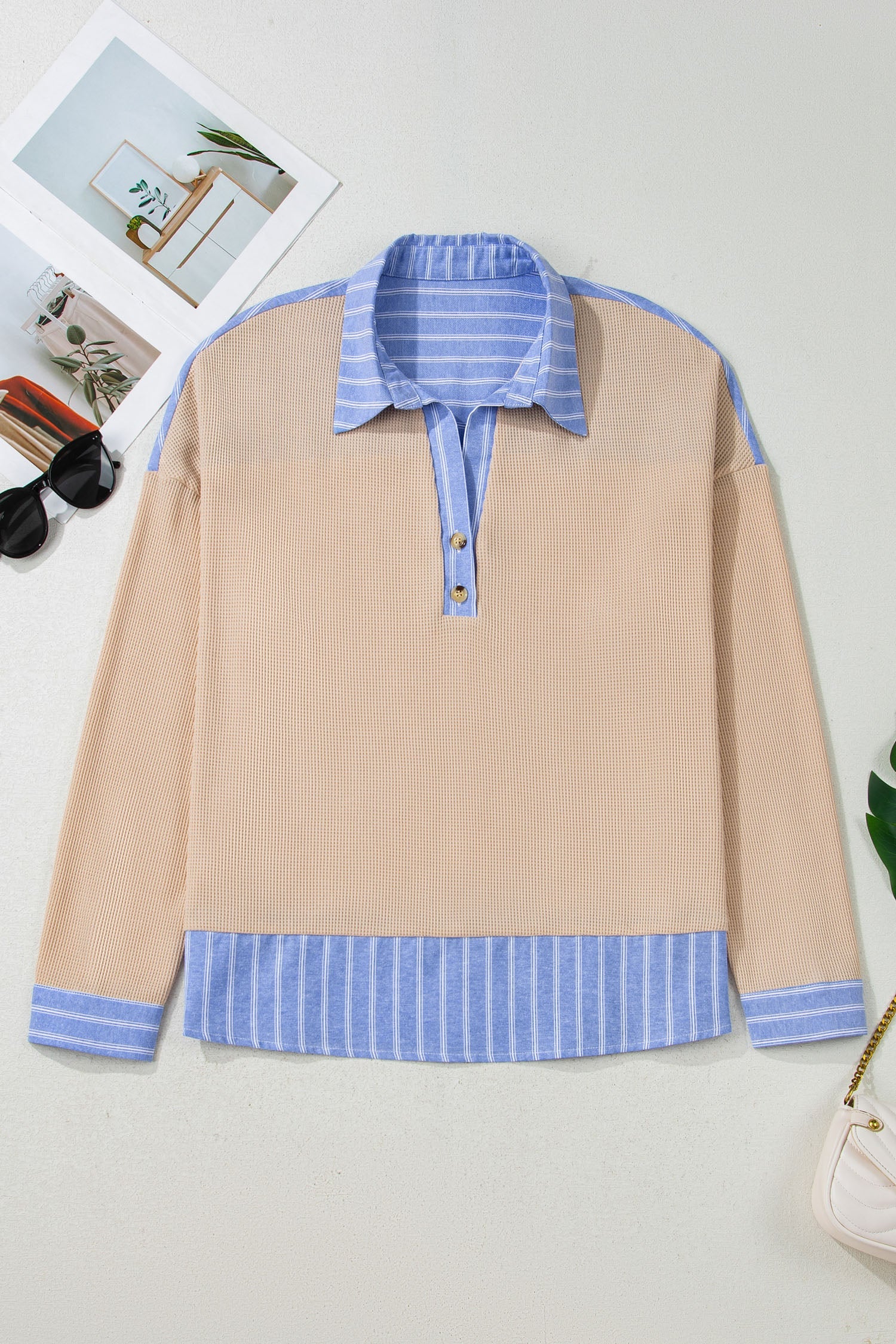 Plus Size Parchment Striped Waffle Knit Collared Top With Contrast Trim Dear-Lover Dropshipping