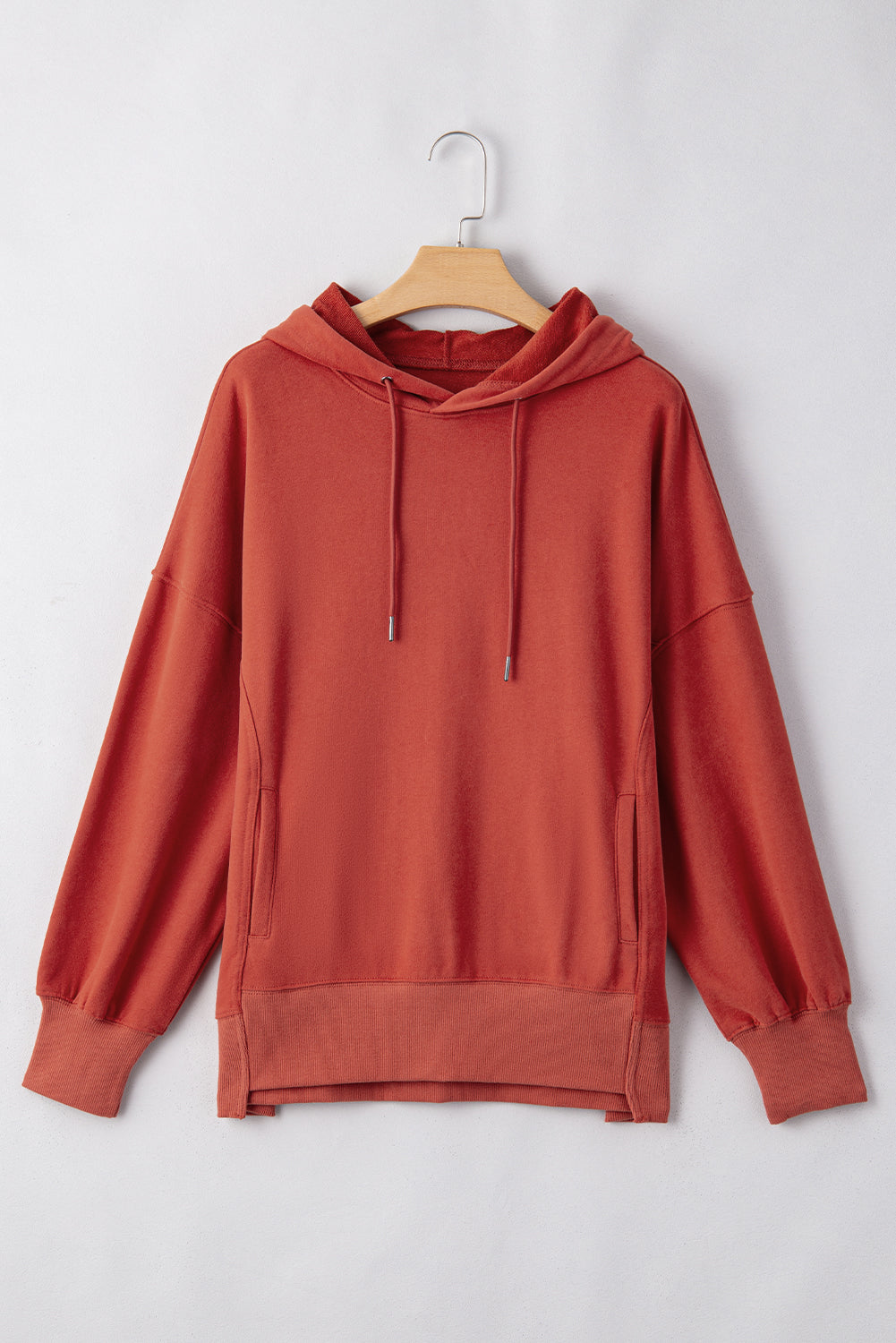 Cozy red clay oversized drawstring hoodie with pockets