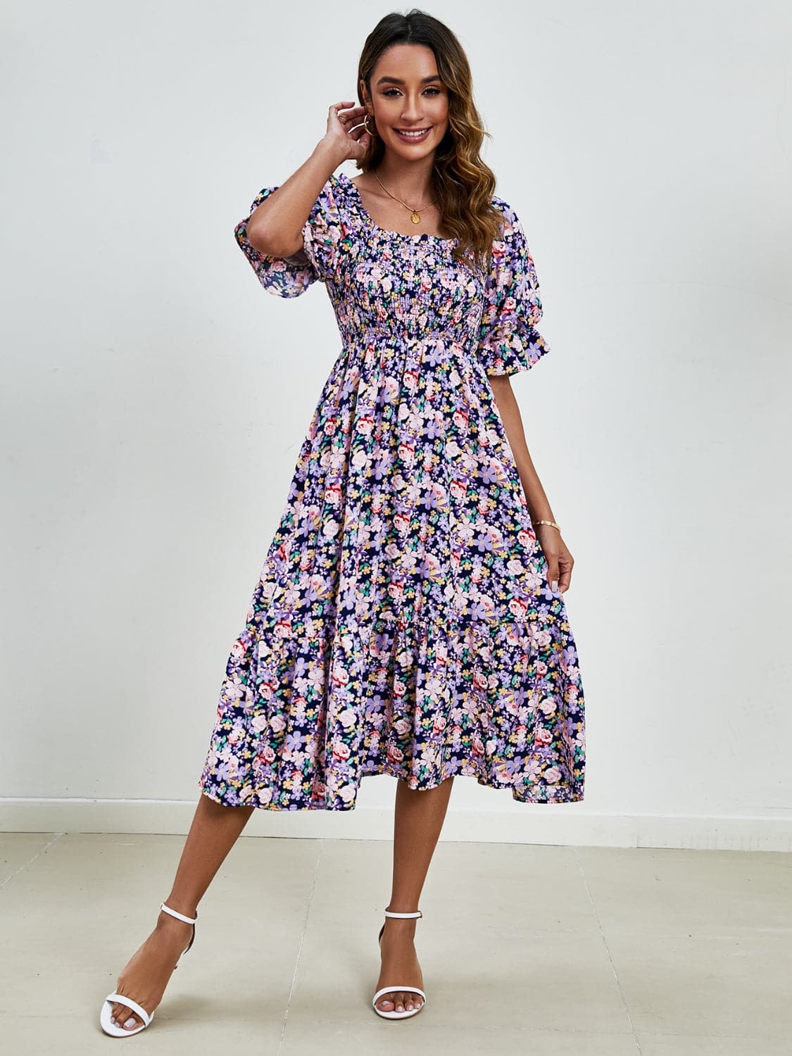 Smocked Floral Square Neck Short Sleeve Dress.