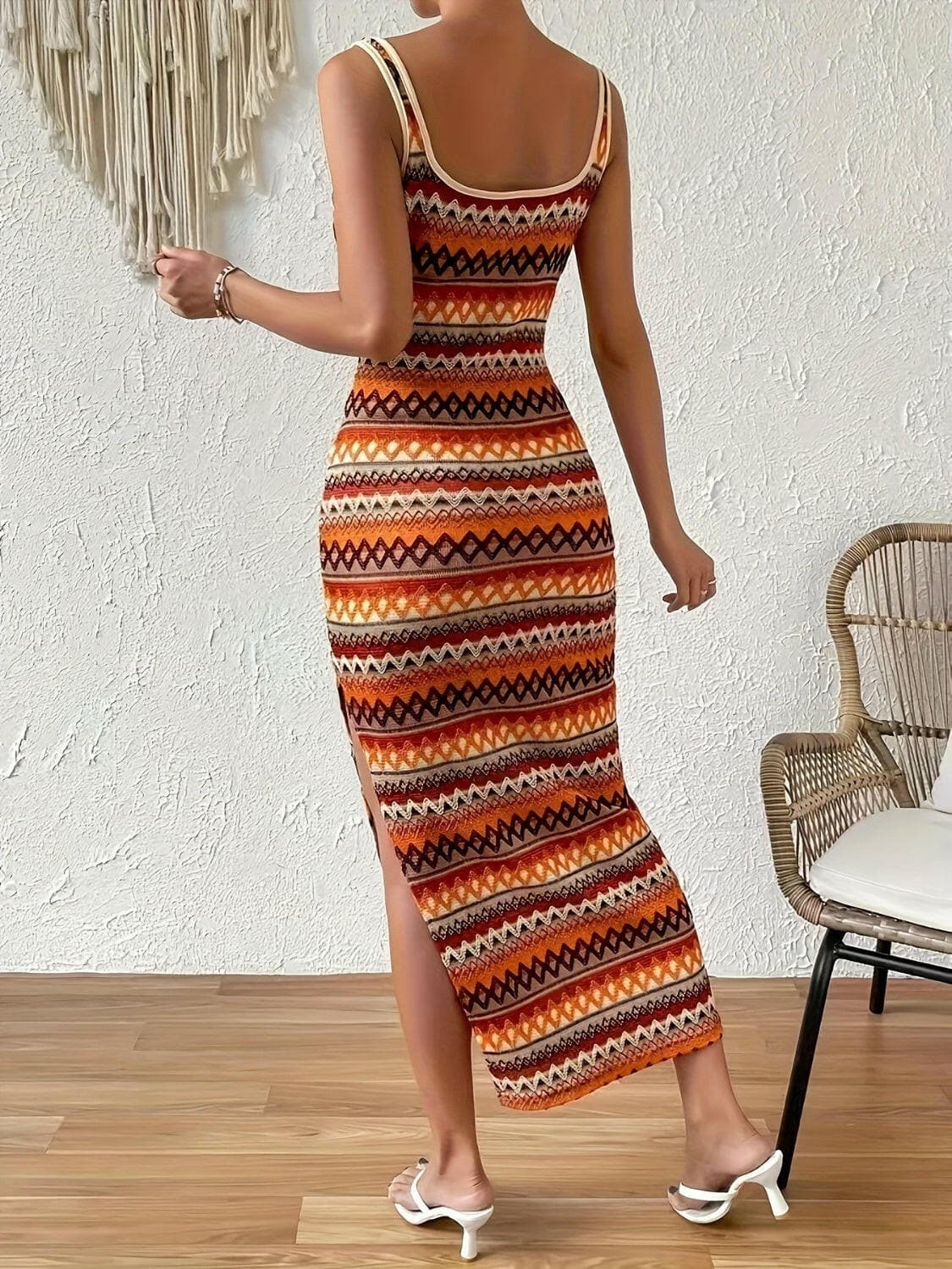 Full Size Slit Square Neck Wide Strap Midi Dress.