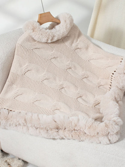 Cozy Cable-Knit Fuzzy Hem Poncho