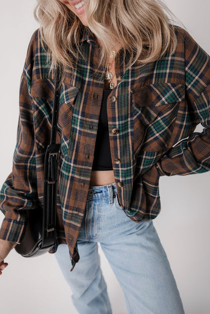 Brown plaid button-up shacket with chest pockets