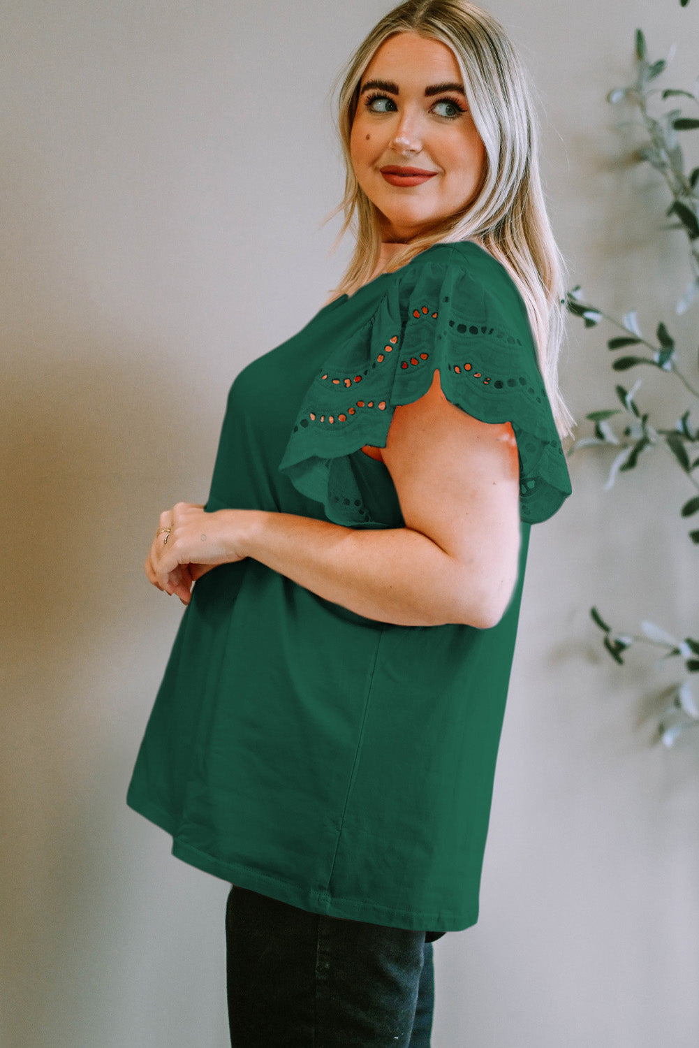 Elegant green plus size flutter sleeve blouse