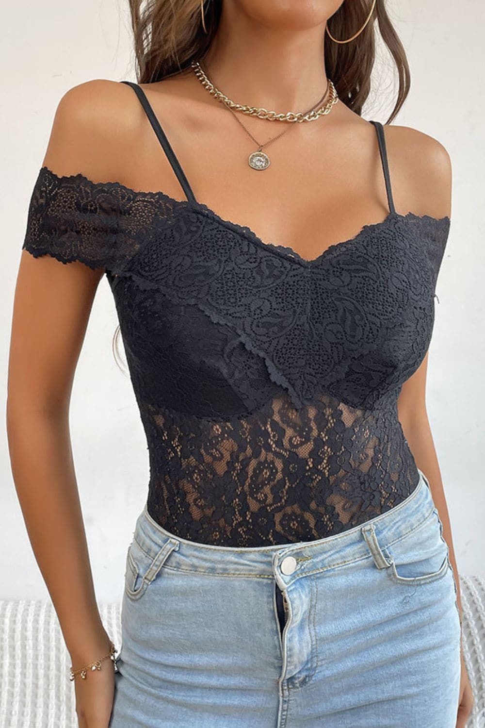 Lace Cold-Shoulder Bodysuit.