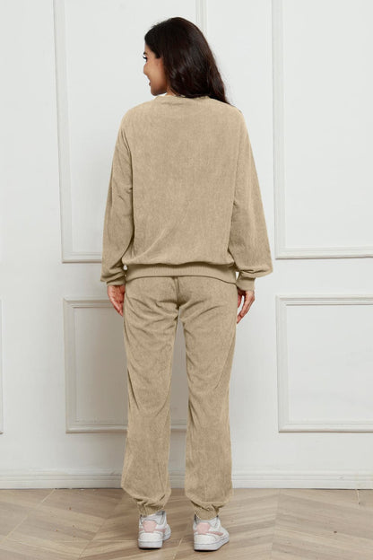 Corduroy Round Neck Sweatshirt and Sweatpants Set.