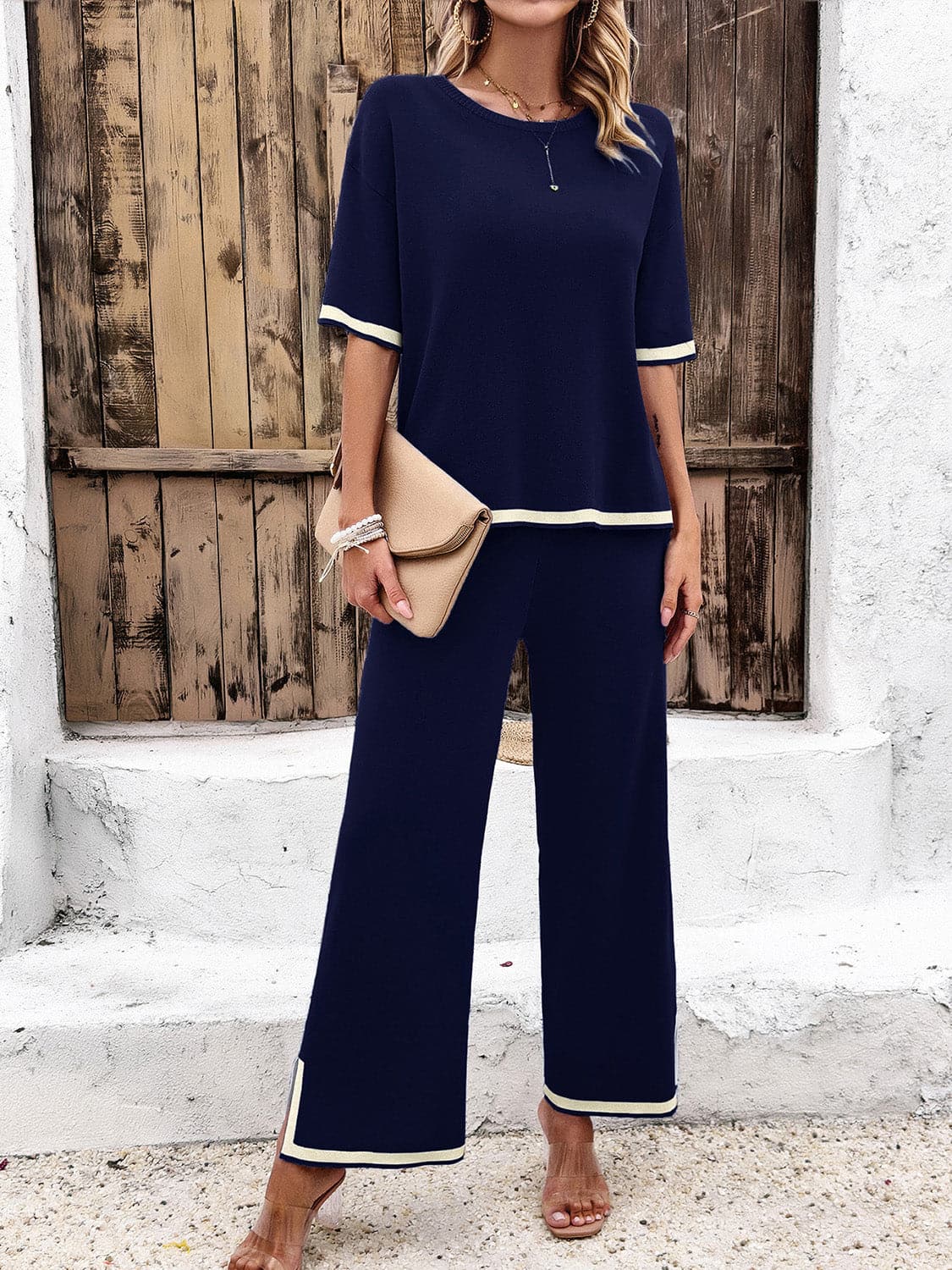 Contrast Trim Round Neck Top and Pants Set.