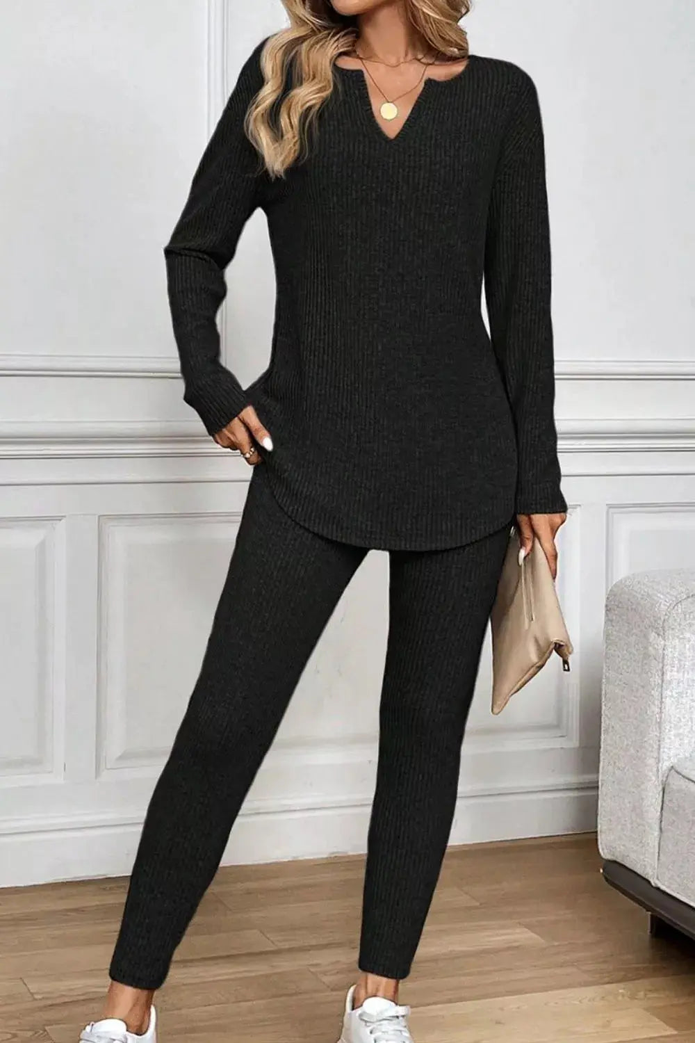 Notched Long Sleeve Top and Pants Set Simply Love