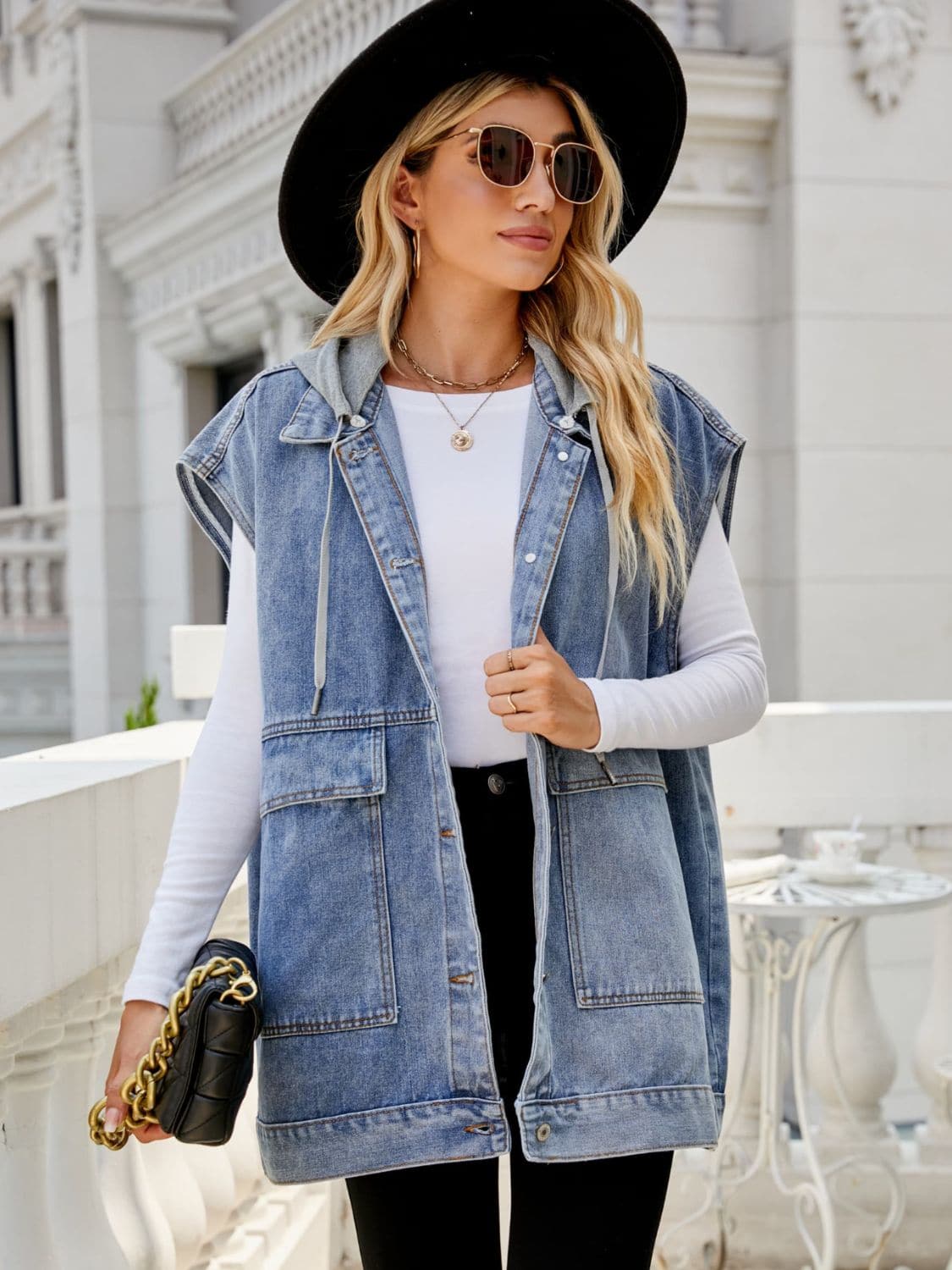 Hooded Sleeveless Denim Top with Pockets.