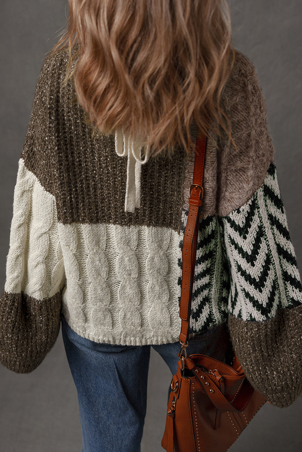 Brown Plus Size Color Block Patchwork Knotted Back Sweater Dear-Lover Dropshipping
