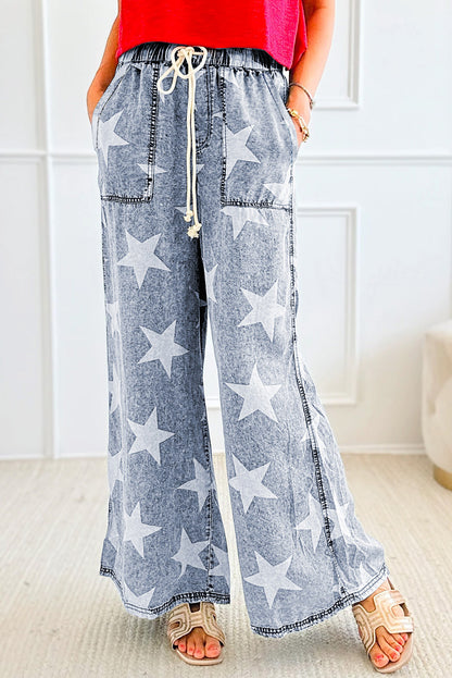 Light blue starry wide-leg jeans with drawstring waist