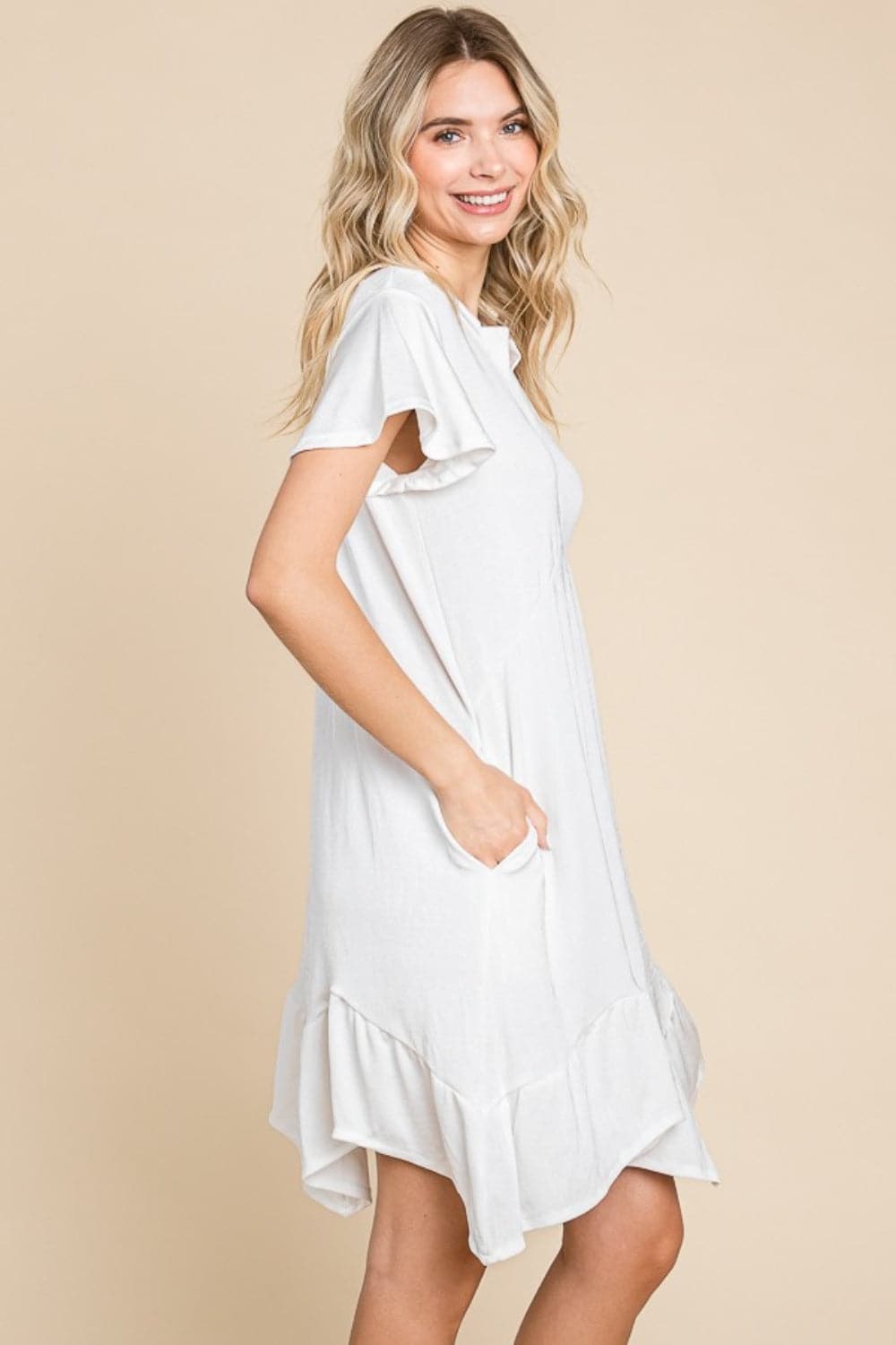 Culture Code Full Size Short Sleeve Ruffled Asymmetric Hem Dress.