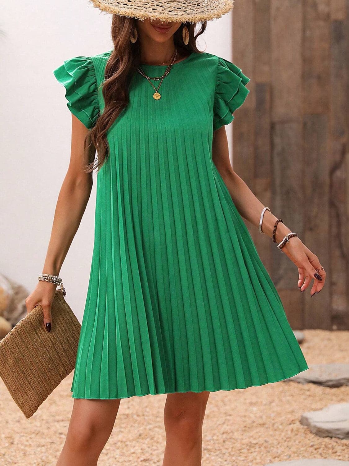 Pleated Round Neck Cap Sleeve Mini Dress.